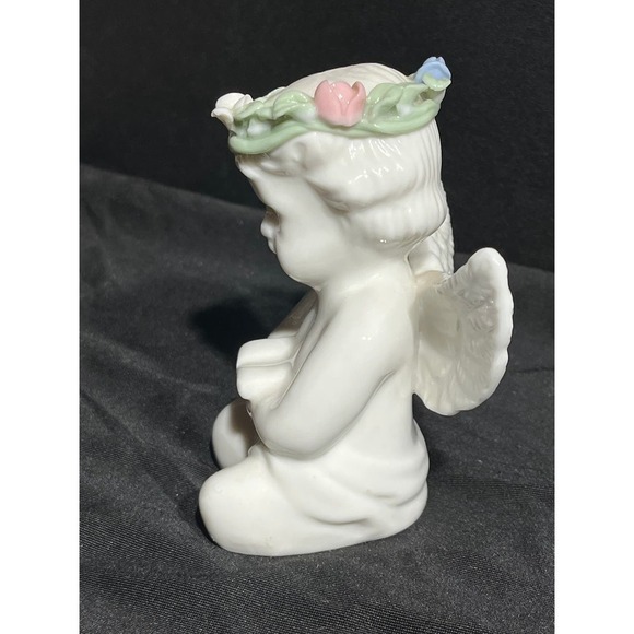 Small Glazed Ceramic angel reading bible. Flower headband. Shelf Decor. - Picture 2 of 6